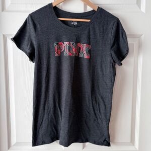PINK Victoria's Secret Dark Gray Plaid Logo Graphic T-Shirt Large 852284-QJ4